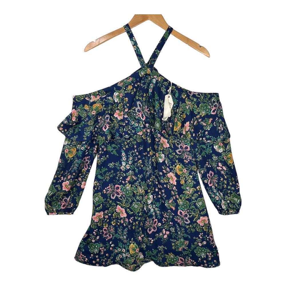 NWT Anthropologie ENTRO Blue Floral Posh Petals Halter Flounce Dress Size Medium